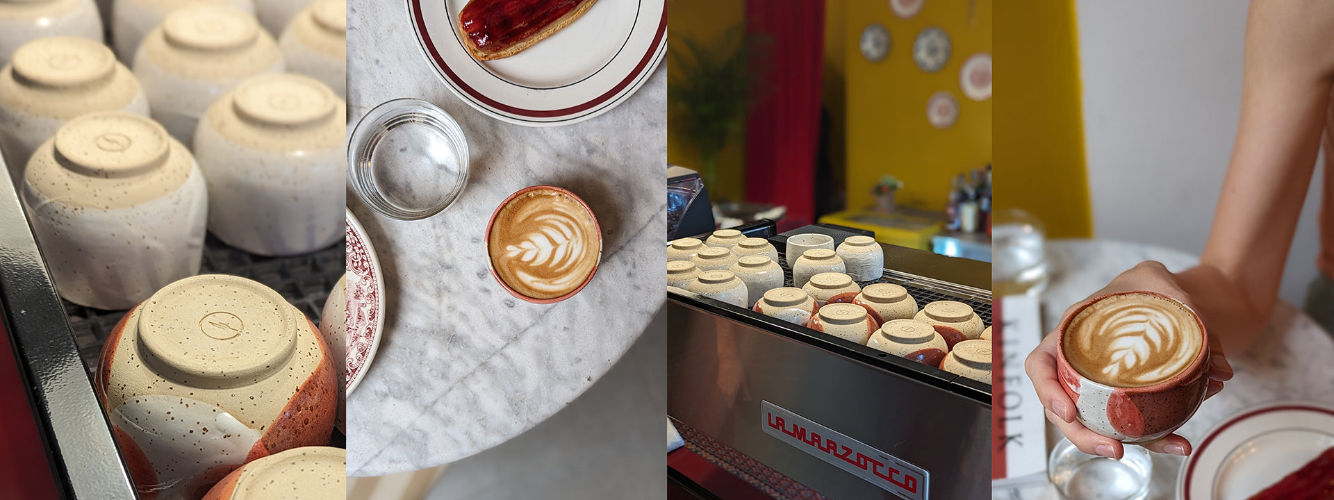 Collage of coffee-making process including brewing machine, coffee beans, and latte art.