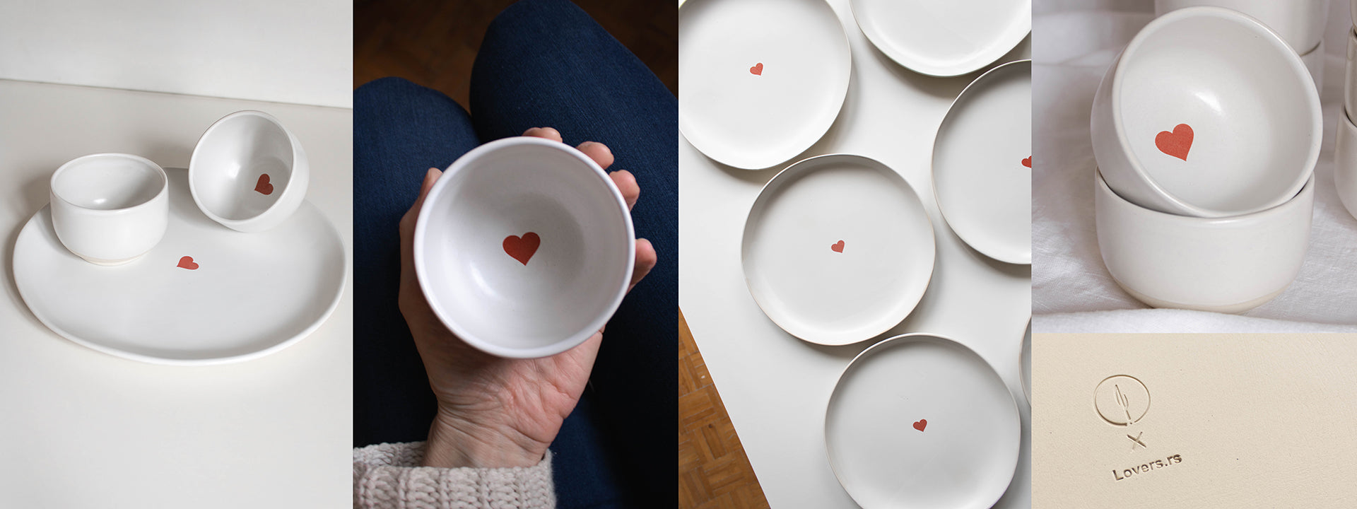 Set of white ceramic bowls with red heart designs on a white background