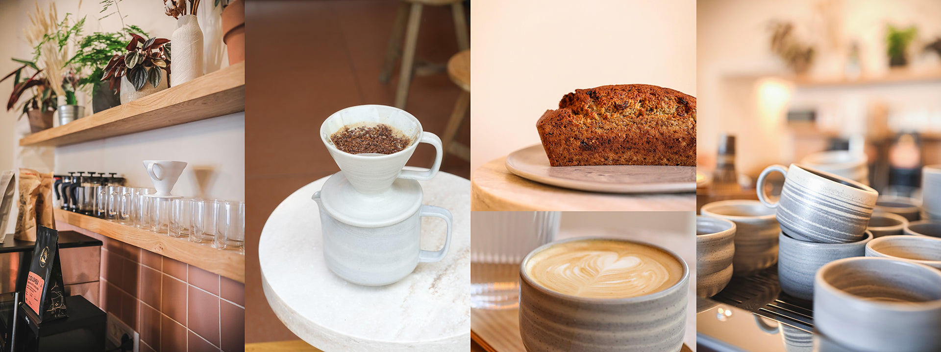 Collage of coffee shop elements including cups, a loaf of bread, and a counter.