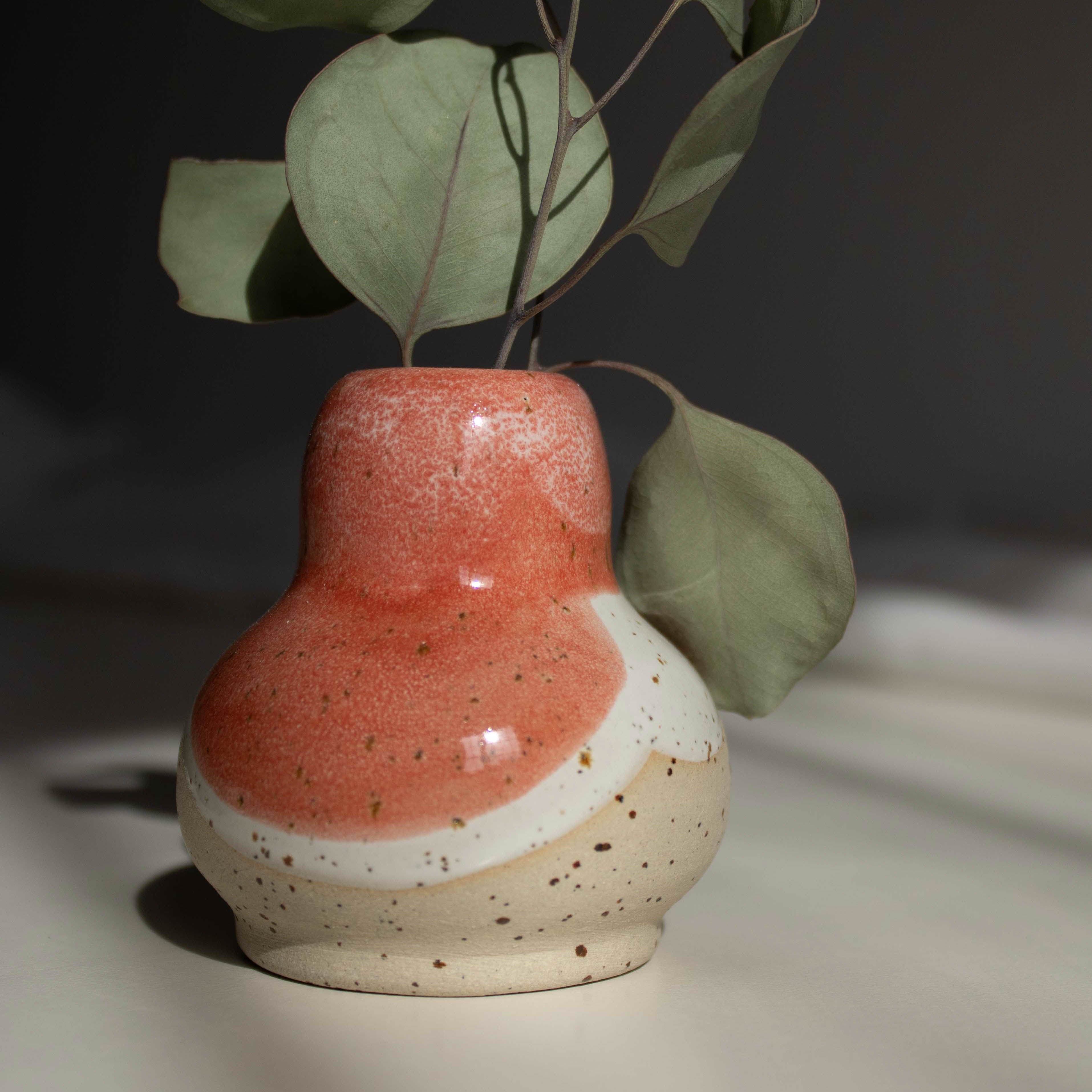 Detail of handcrafted ceramic vase in coral red finish, containing dried eucalyptus branches, captured in natural daylight.