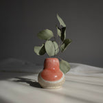 Handcrafted ceramic vase in coral red finish, containing dried eucalyptus branches, captured in natural daylight.